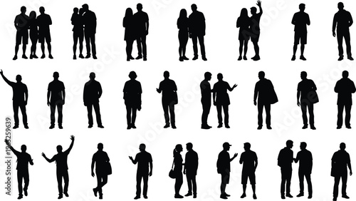 Twenty‑four black silhouettes of adults in diverse poses including standing, walking, waving, and talking, arranged in rows, perfect for design, animation, and creative artwork projects.