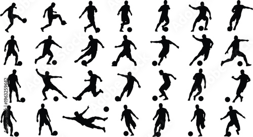 Twenty‑five black silhouettes of soccer players in dynamic poses including running, dribbling, kicking, and passing, arranged in rows, perfect for sports 
