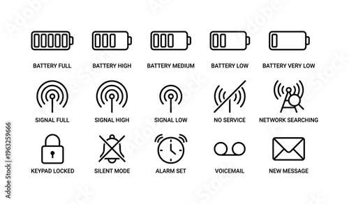 Smartphone interface icons: battery, signal, lock, silent, alarm, voicemail, message