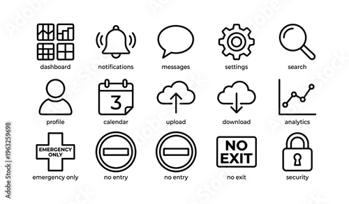 Set of minimalist black and white web interface icons on white background