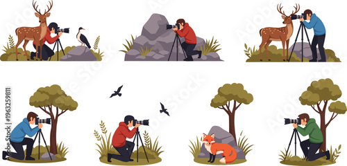 Wildlife Photography Illustration Set with Photographers Shooting Deer, Fox, Birds, and Nature Animals Outdoor Vector Illustration Collection