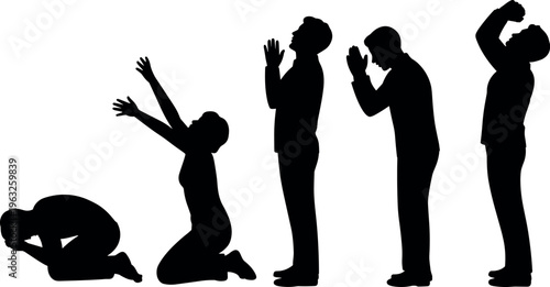 Silhouette set of people praying in different poses, spiritual worship, meditation, faith expression and emotional gestures isolated on white background
