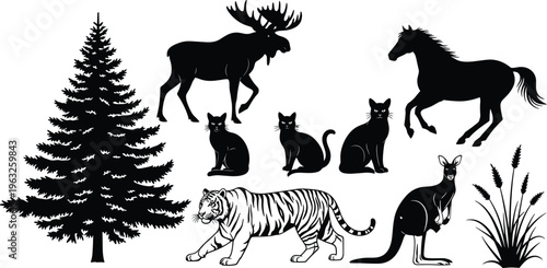 Black animal silhouettes featuring moose, cats, horse, tiger, kangaroo, evergreen tree, diverse wildlife plants, forest jungle grassland biodiversity illustration design