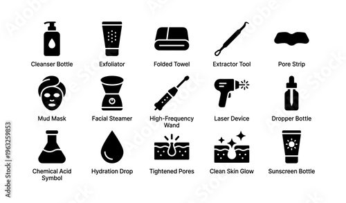 Skincare tools and products icons: cleanser, exfoliator, laser device, facial steamer, hydration