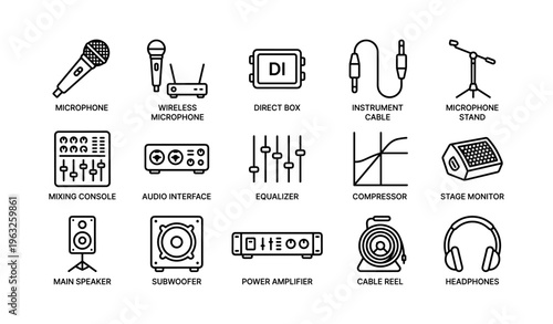 Audio equipment icons featuring microphones, cables, amplifiers, and headphones