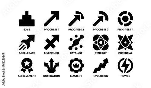 Set of iconic symbols: progress, achievement, and power representation in bold style