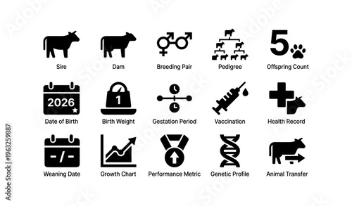 Livestock management icons: breeding, health, birth, growth metrics, genetics