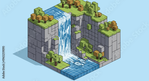 Isometric pixel art of a cube-shaped waterfall scene, with vegetation