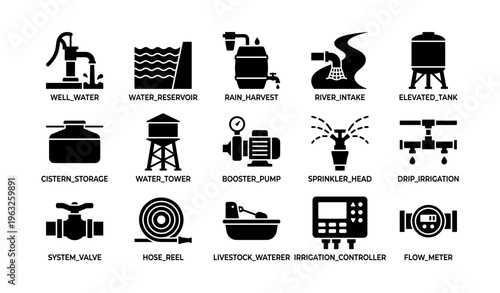 Water management icons depicting various storage and irrigation systems