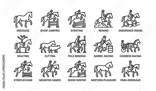 Equestrian sports icons: dressage, jumping, eventing, reining, vaulting, and more