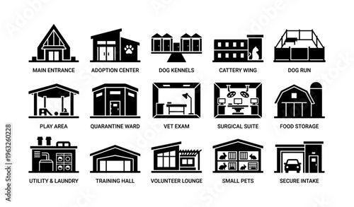 Animal shelter layout: facilities including quarantine ward, cattery wing, and vet exam room