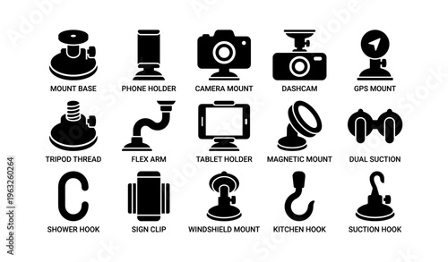 Various mounts and holders: camera, gps, tablet, and more icons