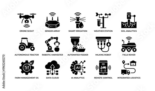 Agricultural technology icons: drones, sensors, robots, ai, automation, iot in farming