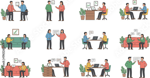 Business meeting and office teamwork scenes collection with coworkers discussing projects, presentation, handshake agreement and workplace collaboration flat vector illustration set isolated