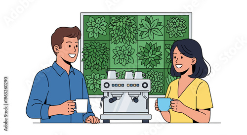 Professionals Having Coffee Near Office Plant Wall