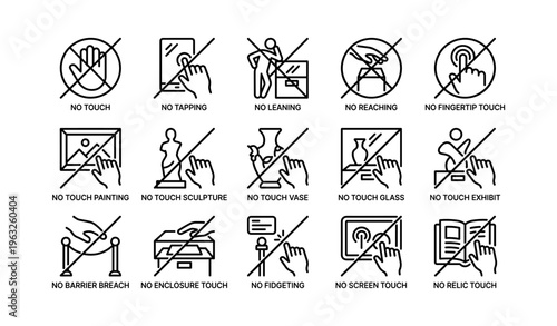 Museum etiquette icons: no touching rules illustrated in black and white