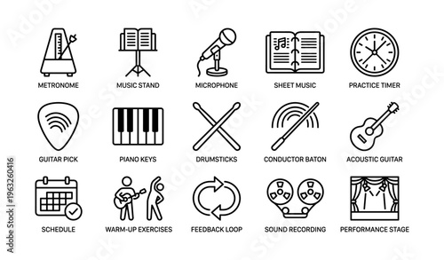 Musical equipment icons: metronome, microphone, guitar, piano, drums