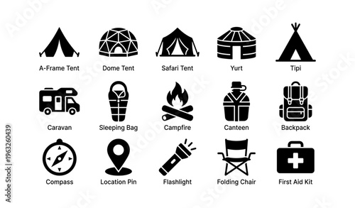 Outdoor camping equipment icons: tents, gear, and accessories for adventure