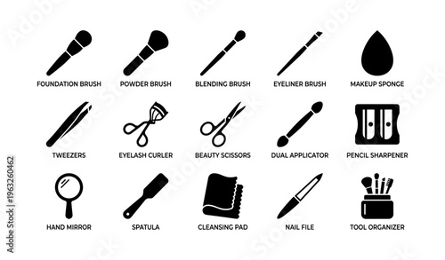 Cosmetic tools set with brushes scissors and sponge icons