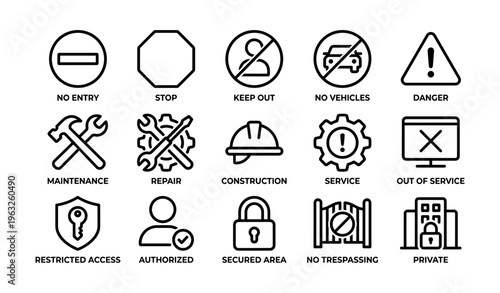 Collection of security and maintenance icons in black and white