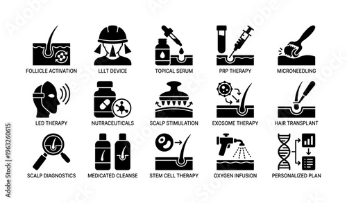 Hair restoration treatments and therapies icons set