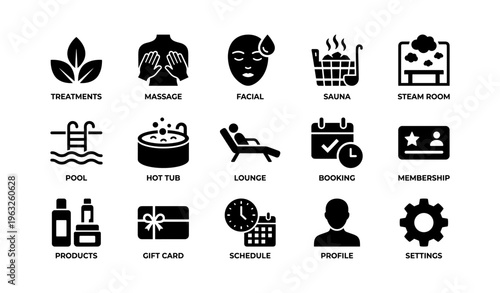 Spa and wellness icons for treatments, massage, sauna, pool, and more
