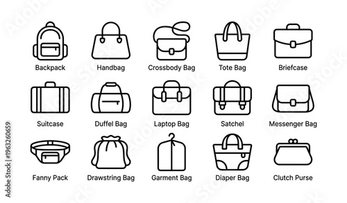 Outline icons of various bags: backpack, handbag, laptop bag, and tote bag