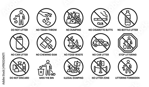 Littering prohibition signs collection: prevent waste with clear warnings