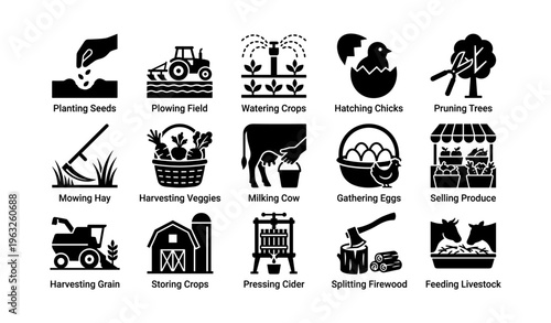 Agriculture icons: planting, harvesting, and farm activities illustrated