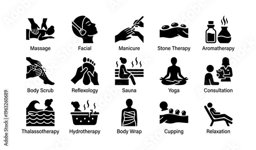 Spa and wellness icons: massage, facial, manicure, yoga, aromatherapy