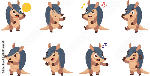 Cute Armadillo Cartoon Character Set with Different Emotions, Expressions, Walking, Sleeping, Angry, Happy Poses Vector Illustration Collection