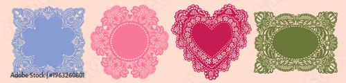 Elegant lace Napkins, Frames set. Various shapes, ornaments, crochet doily borders. Hand drawn Vector illustration. Wedding invitation, greeting card, Valentine day concept. Isolated design elements