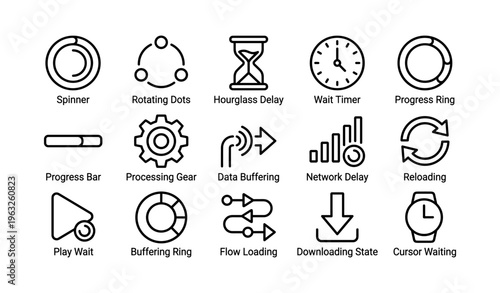 Set of loading icons featuring spinner, hourglass, and progress indicators