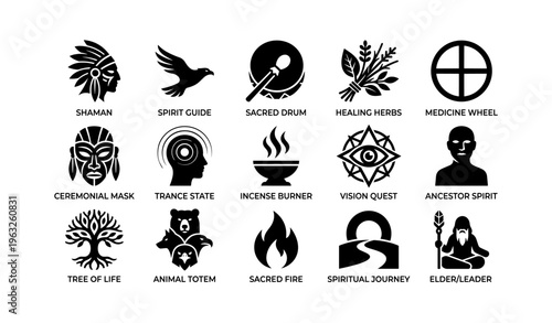 Native american symbols: shaman, spirit guide, medicine wheel, ceremonial mask, vision quest