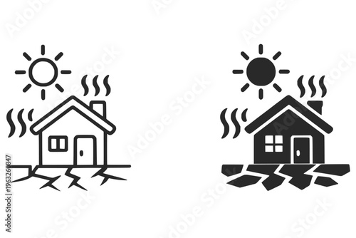 Heatwave house icons showing climate risk home concept in outline and solid style