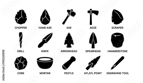 Ancient stone age tools: chopper, axe, scraper, drill, knife, mortar, pestle