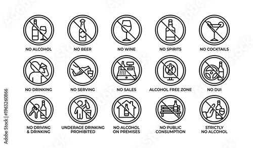 Alcohol restriction icons: no beer, wine, spirits, cocktails, public consumption