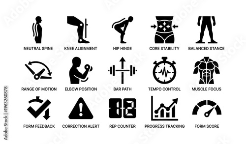 Exercise icons illustrating posture, stability, and workout metrics