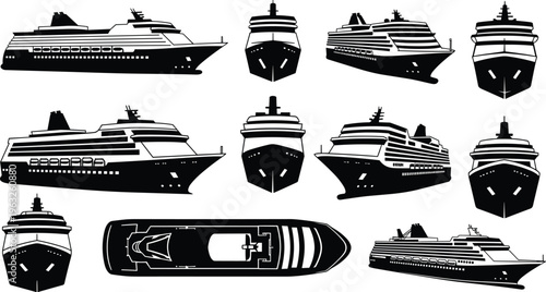 Cruise Ship Silhouette Icon Set with Passenger Ocean Liner Views, Front, Side, Top, and Marine Transport Vector Illustration Collection