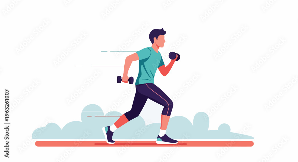 Obraz premium Man in activewear jogs with dumbbells in a colorful vector illustration