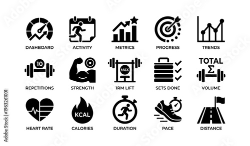 Gym performance icons: metrics, progress, strength, cardio, distance