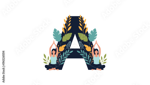 Decorative initial letter A featuring women in yoga poses surrounded by tropical leaves and botanical elements on a white background.
