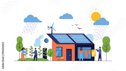 Sustainable living concept showing a modern eco friendly house with solar panels, wind turbine, and people gardening together.