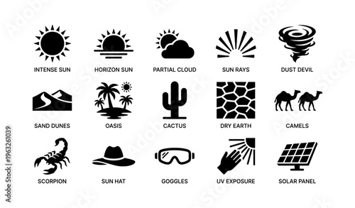 Desert symbols: sun, cactus, camels, and more in black icons