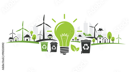 Illustration of a modern green city silhouette with wind turbines, solar energy, recycling bins, and a large lightbulb.