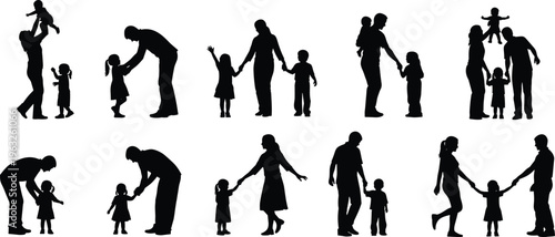 Large collection of happy family silhouettes with parents and children holding hands and playing isolated on white background for minimalist vector graphic design.