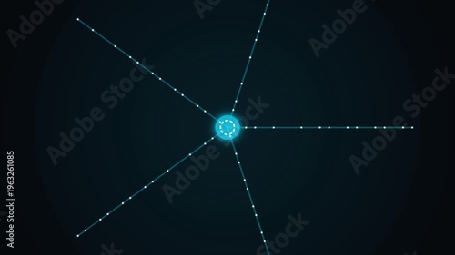 A bright blue dot shines at the center of multiple dotted lines radiating outward on a dark background