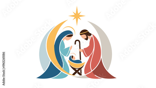 Stylized graphic illustration of the nativity scene with Mary, Joseph, and baby Jesus under the Bethlehem star in a crescent moon frame.