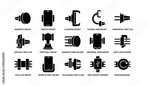 Variety of mobile device mounts and holders for cars in icon set