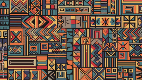 Intricate abstract pattern inspired by traditional african tribal art with various geometric shapes in earthy and vibrant colors.